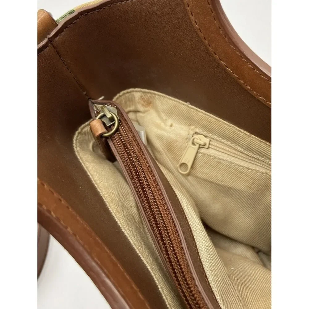 Fossil‎ Floral Canvas Top Handle Satchel Bag w/ Leather Trim & Strap